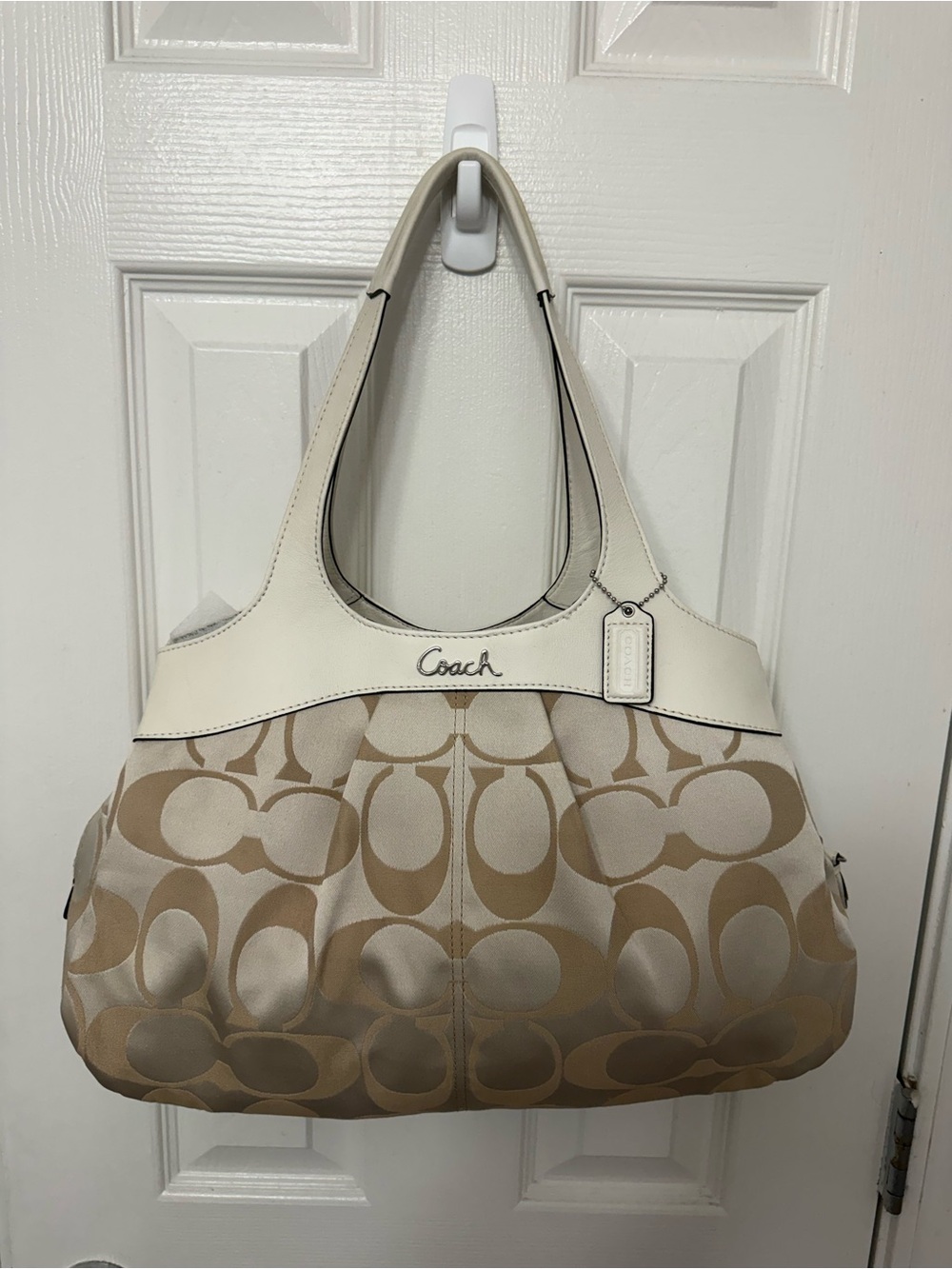 Coach Beige and White Signature Shoulder Bag
